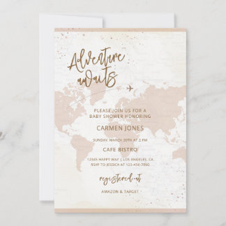 Adventure Awaits World Map Baby Shower Invitation