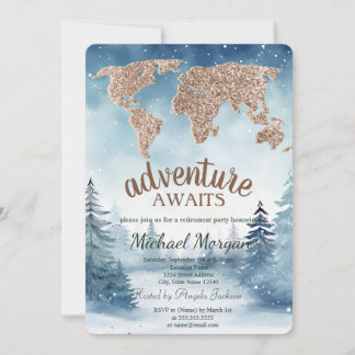 Adventure Awaits World Map Blue Forest Retirement Invitation