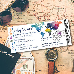 Adventure Awaits World Map Boarding Pass Shower Invitation