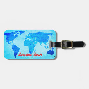 Adventure Awaits World Map Gift Favor Teal Blue Luggage Tag