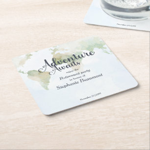 Adventure Awaits World Map Retirement Party Square Paper Coaster