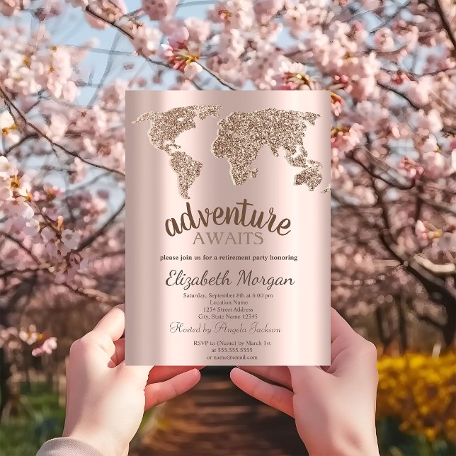 Adventure Awaits World Map Rose Gold Retirement Invitation (Creator Uploaded)