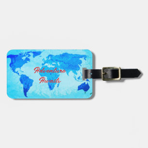 Adventure Awaits World Map Teal Blue Gift Favor Luggage Tag