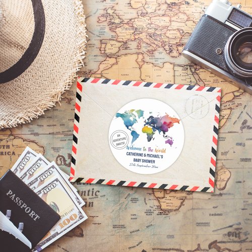 Adventure Awaits World Map Travel Baby Shower  Classic Round Sticker