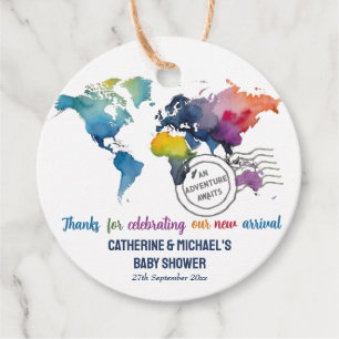 Adventure Awaits World Map Travel Baby Shower Favor Tags