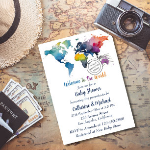 Adventure Awaits World Map Travel Baby Shower Invitation