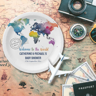 Adventure Awaits World Map Travel Baby Shower Paper Plates