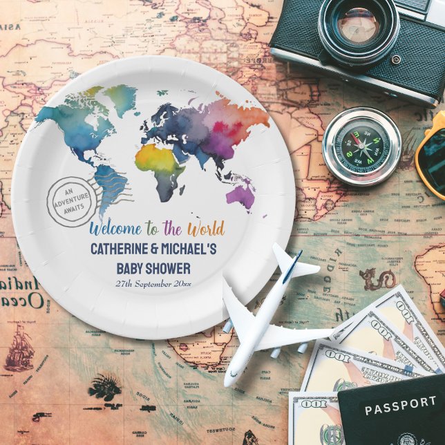 Adventure Awaits World Map Travel Baby Shower  Paper Plates (Creator Uploaded)