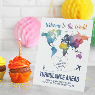 Adventure Awaits World Map Travel Baby Shower  Pedestal Sign