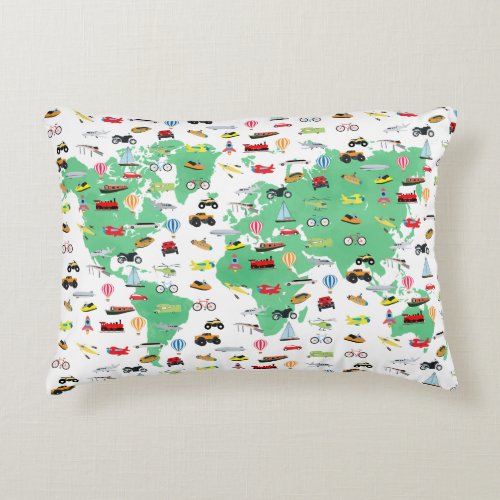 Adventure Awaits World Map Vehicles Accent Pillow