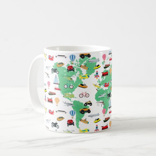 Adventure Awaits World Map Vehicles Coffee Mug