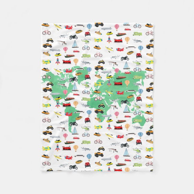 Adventure Awaits World Map Vehicles Fleece Blanket (Front)