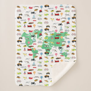 Adventure Awaits World Map Vehicles Sherpa Blanket