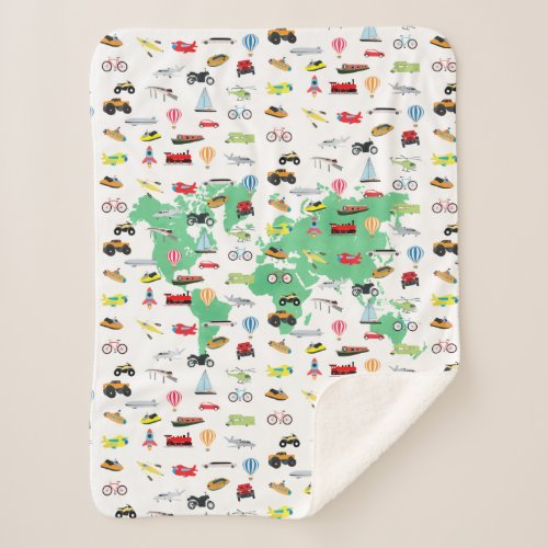 Adventure Awaits World Map Vehicles  Sherpa Blanket