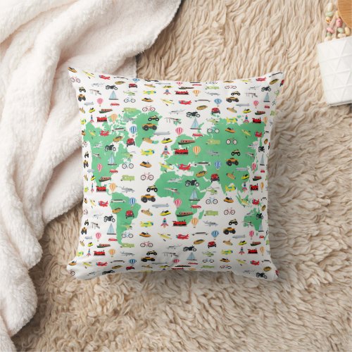 Adventure Awaits World Map Vehicles  Throw Pillow