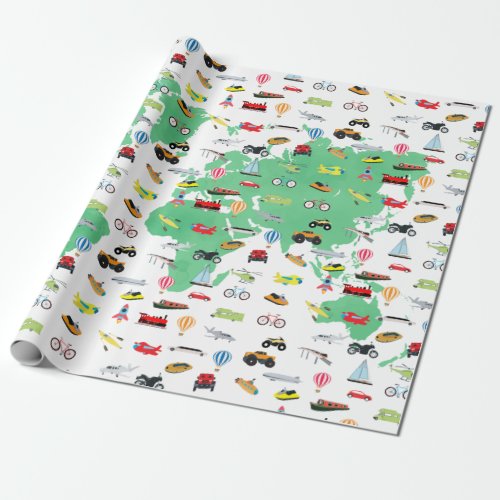 Adventure Awaits World Map Vehicles Wrapping Paper