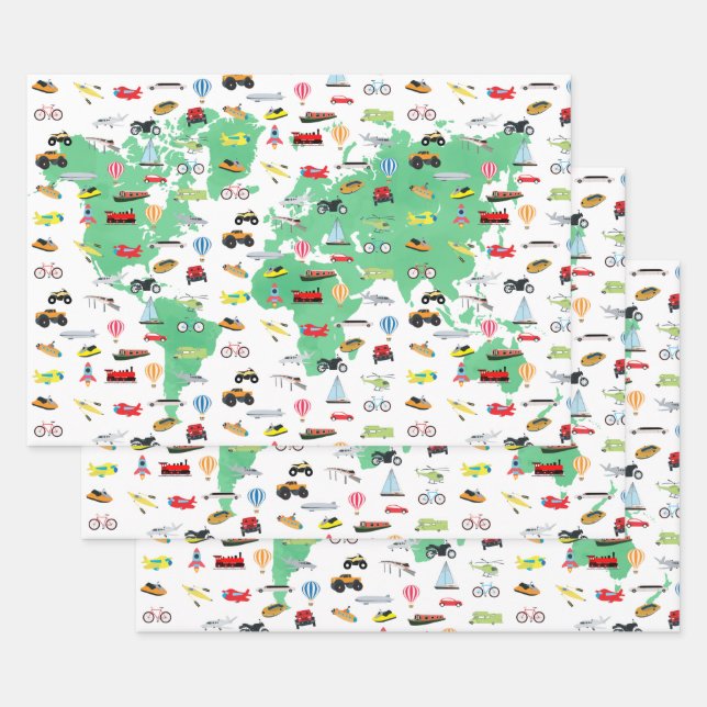 Adventure Awaits World Map Vehicles Wrapping Paper Sheets (Set)