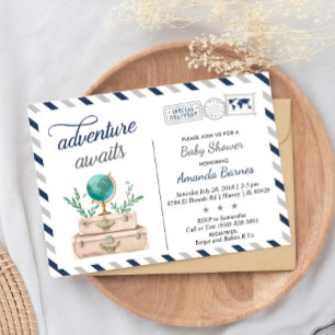 Adventure Awaits World Travel Baby Boy Shower Navy Invitation