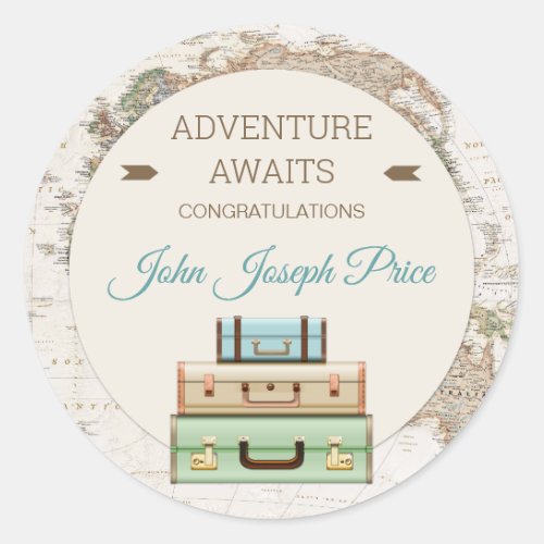 Adventure Awaits World Travel Map Modern Classic Round Sticker