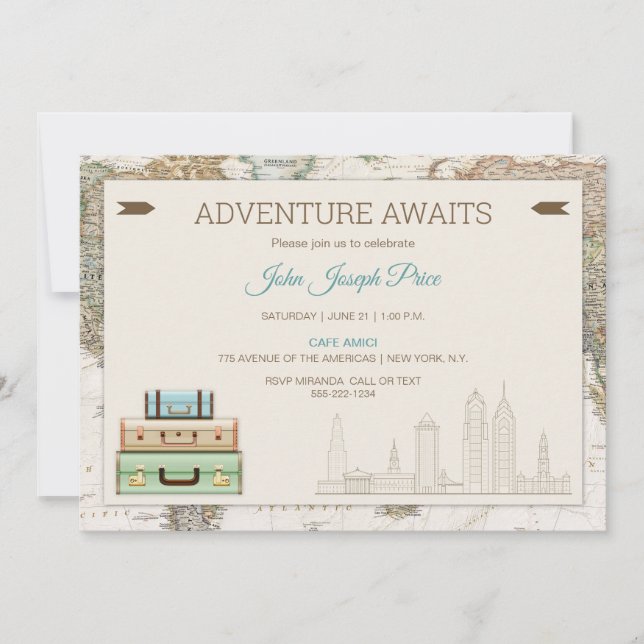 Adventure Awaits World Travel Map Modern Invitation (Front)