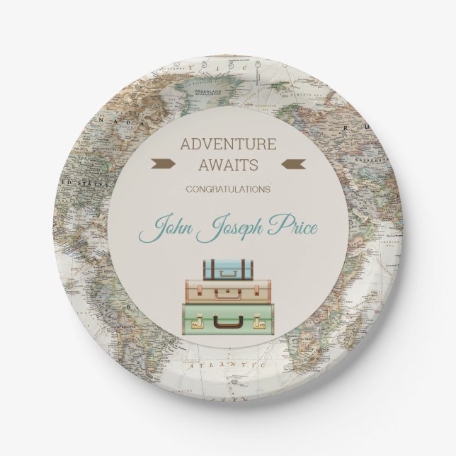 Adventure Awaits World Travel Map Modern Paper Plates (Front)