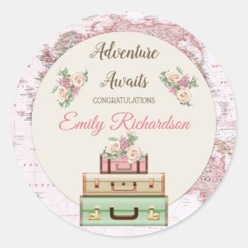 Adventure Awaits World Travel Map Pink Floral Classic Round Sticker by HydrangeaBlue at Zazzle