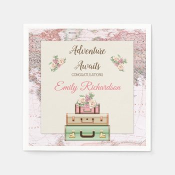 Adventure Awaits World Travel Map Pink Roses Napkins by HydrangeaBlue at Zazzle