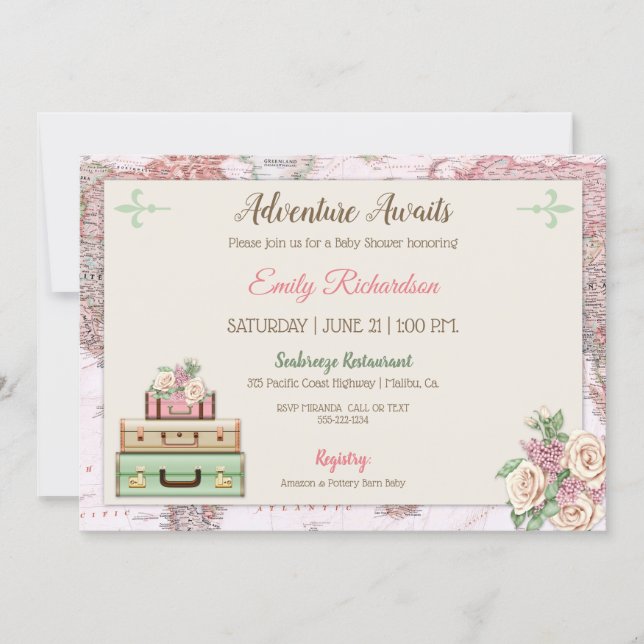 Adventure Awaits World Travel Pink Mint Floral Invitation (Front)