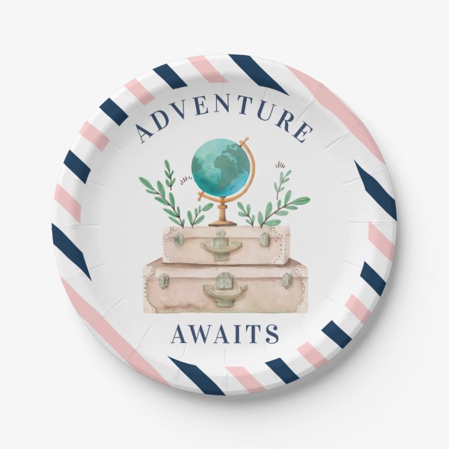 Adventure Awaits World Travel Suitcases Party Paper Plates (Front)