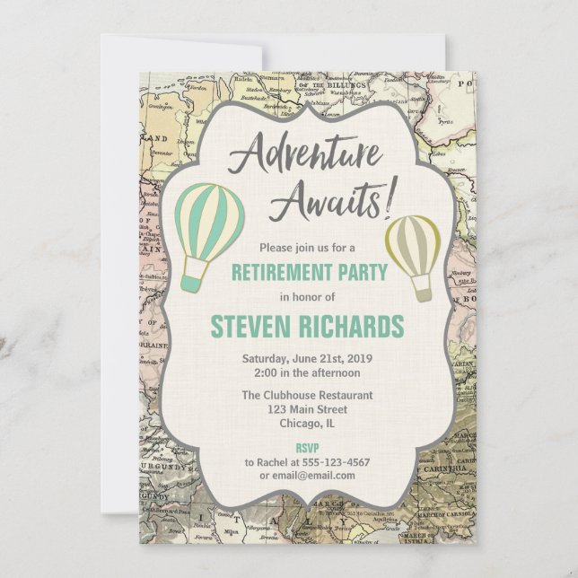 Adventure Awaits world traveler retirement party Invitation (Front)