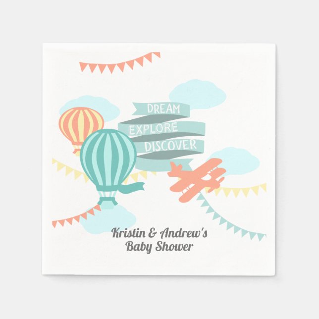 Adventure Baby Shower Airplane and Balloon Paper Napkins (Front)