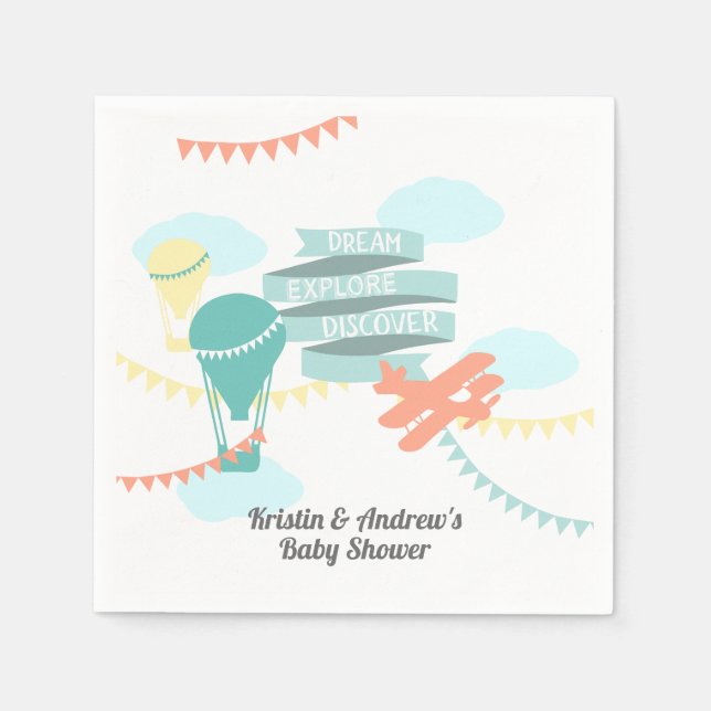 Adventure Baby Shower Airplane and Balloon Paper Napkins (Front)