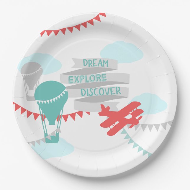 Adventure Baby Shower Airplane and Balloon Paper Plates (Front)