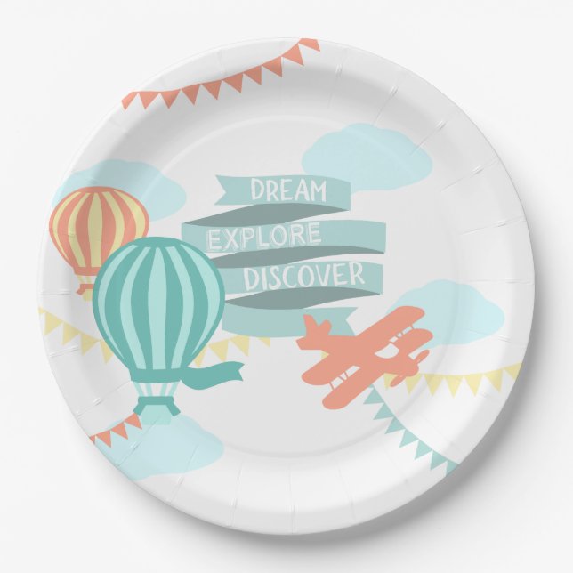 Adventure Baby Shower Airplane and Balloon Paper Plates (Front)
