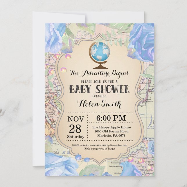 Adventure Baby Shower Blue Floral Map Travel World Invitation (Front)