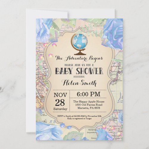 Adventure Baby Shower Blue Floral Map Travel World Invitation