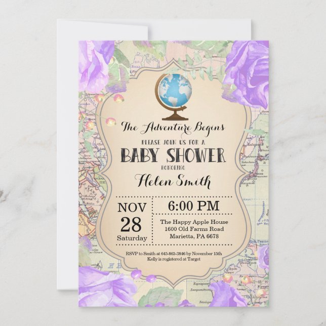 Adventure Baby Shower Floral Map Travel World Invitation (Front)