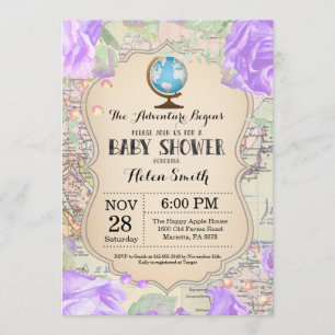 Adventure Baby Shower Floral Map Travel World Invitation