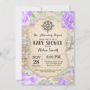 Adventure Baby Shower Floral Map Travel World Invitation