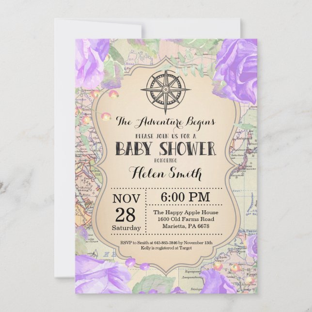 Adventure Baby Shower Floral Map Travel World Invitation (Front)