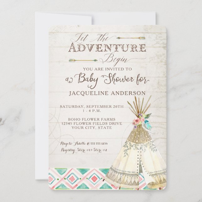 Adventure Baby Shower Girl Teepee Wood Arrows Art Invitation (Front)