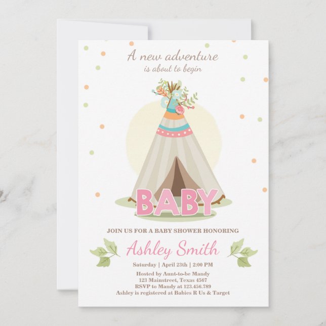 Adventure baby shower invitation Girl Teepee Boho (Front)