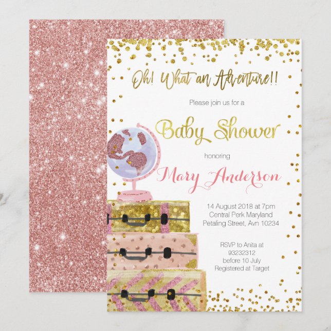 Adventure Baby Shower Invitation Gold Glitter (Front/Back)