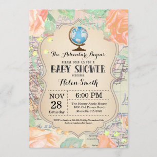 Adventure Baby Shower Pink Floral Map Travel World Invitation