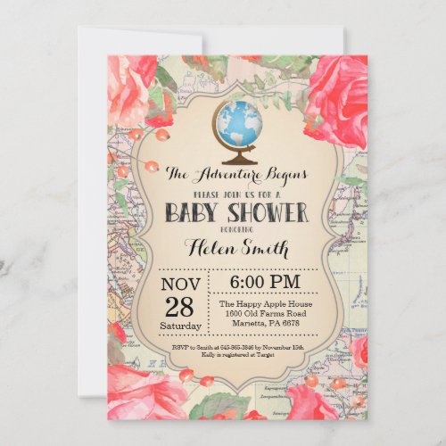 Adventure Baby Shower Red Floral Map Travel World Invitation