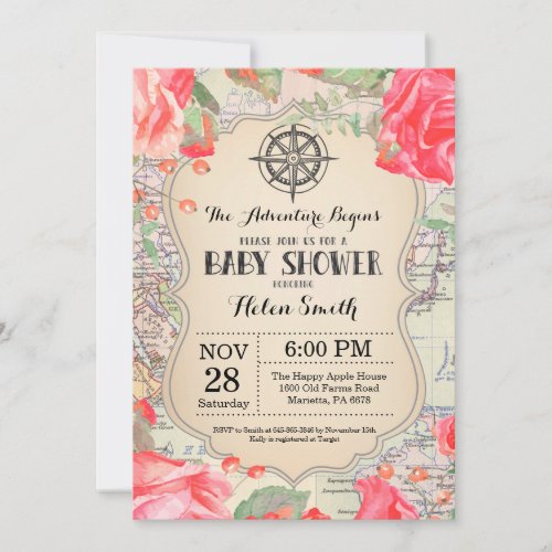 Adventure Baby Shower Red Floral Map Travel World Invitation