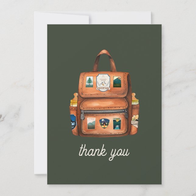 Adventure Backpack + Bottles Green Baby Shower Thank You Card (Front)