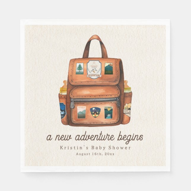 Adventure Backpack + Bottles Woodland Baby Shower Napkins (Front)