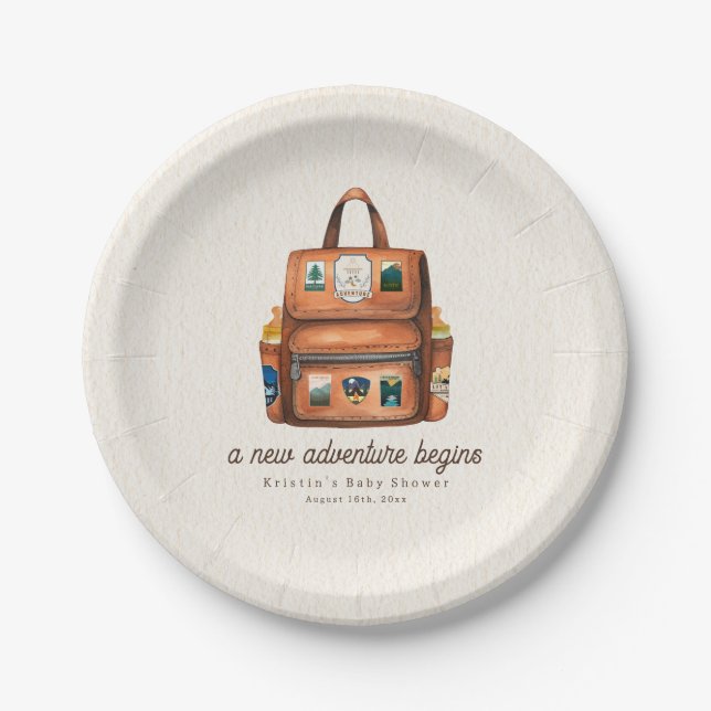 Adventure Backpack + Bottles Woodland Baby Shower Paper Plates (Front)