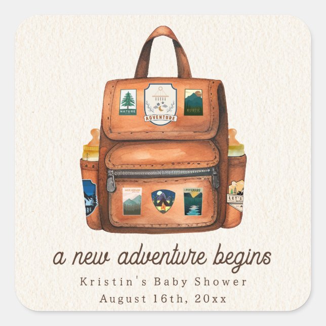 Adventure Backpack + Bottles Woodland Baby Shower Square Sticker (Front)